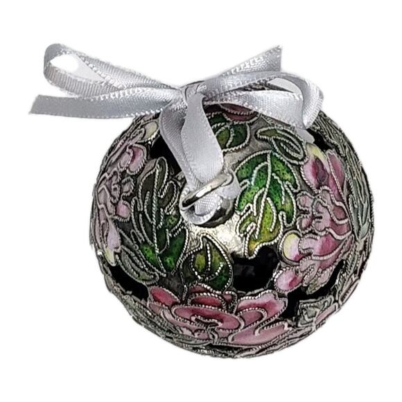 Cloisonne Enameled Egg Christmas Ornament Hanging Cut Out Floral Design Stunning - Picture 5 of 9